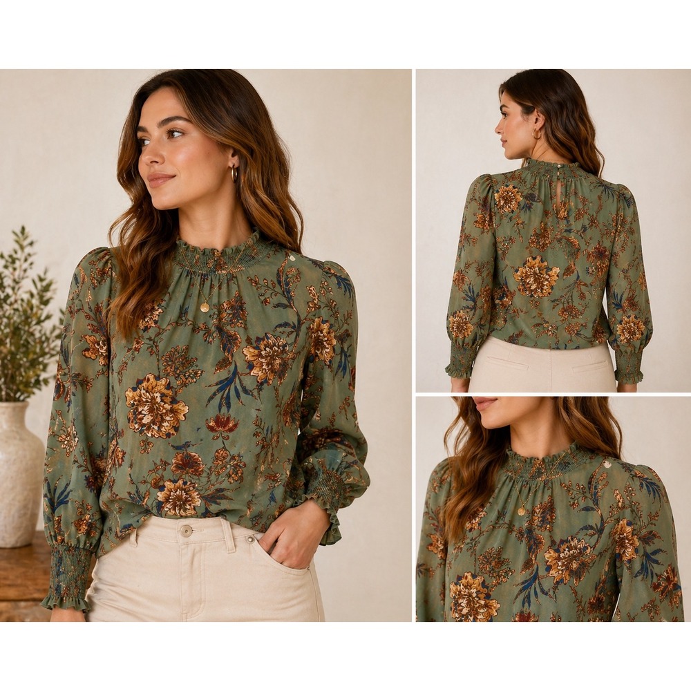 Flying Tomato Sage Green Floral Smocked Mock Neck Balloon Sleeve Blouse Small